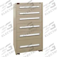 LYON Modular Drawer Cabinet: 30 in x 28 1/4 in x 59 1/4 in, 6 Drawers, 64 Compartments, Putty, Steel (MPN PPM6830301016IL). Key specifications — Drawer Inside Height: (6) 3 in; Drawer Access: Multiple; Base Type: Fork Pockets; Number of Compartments per Drawer: (1) 16, (2) 12, (3) 8; Brand: LYON; Cabinet Color: Putty.