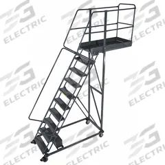 BALLYMORE Rolling Cantilever Ladder: 8.3 ft Platform Ht, Unassembled, Locking Casters, Steel (MPN CL-10-14-P). Key specifications — attr1051489: Gray; attr1051483: BALLYMORE; attr1051499: Double Handrails; attr1051504: Steel.