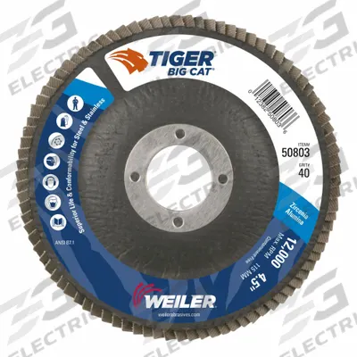 WEILER Flap Disc: Type 27, 4-1/2" x 7/8", Zirconia Alumina, 40 Grit, Phenolic Bk - High-Performance Flap Discs for Carbon & Stainless Steel