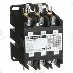 SQUARE D Definite Purpose Magnetic Contactor: 3 Poles, 208-240V AC, 60 A, Non-Reversing (MPN 8910DPA63V09). Key specifications — Brand: SQUARE D; Coil Voltage: 220/208-240V AC; Contactor Style: HVACR Definite Purpose Contactor; Terminal Connection Type: Quick-Disconnect Terminals; Maximum Voltage Rating: 600V AC; Series: 8910 Series Type DPA; Phase: Three; Main Pole Contact Form: 3NO.