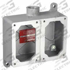 APPLETON ELECTRIC Mounting Body: 2 Gangs, Copper-Free Aluminum, 3/4 in Hub Size, Dead End (MPN EFD275A-NL-Q). Key specifications — Brand: APPLETON ELECTRIC; Hub Type: Dead End.
