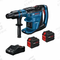 BOSCH Rotary Hammer and Battery: D-Handle, 18V DC, SDS-Max, 1 3/16 in max, 12.0Ah, 6.7 ft-lb (MPN GBH18V-40CK27). Key specifications — attr113828: 6.7 ft-lb; attr113858: 18V DC; attr113796: BOSCH; attr113851: 1-1/5 in; attr113808: 0 bpm to 3,130 bpm; attr113803: Yes; attr113838: Hammer Only; attr113809: Yes.