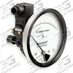 ASHCROFT Differential Pressure Gauge & Switch: Dual In-Line or Back, 1/8 in NPT Female, 1134, IP65 (MPN 451134EDRQMXV5CYLM2IWD). Key specifications — Sensor Type: Diaphragm; Series: 1134; Housing Material: Glass Filled Nylon; Certificate of Calibration: Not Included; Gauge Accuracy: ±3%.