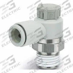 SMC Speed Control Valve: Elbow Fitting, Screw, 1/4 in/1/8 in Valve Body Size, Meter Out, Brass/PBT (MPN AS2201F-01-08S). Key specifications — attr947203: Brass/PBT; attr947205: SMC.