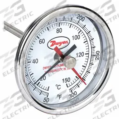 DWYER Min/Max Dial Thermometer: 50°F to 300°F to 10°C to 148.9°C, +/- 2% Accuracy, 3 in Dial Dia (MPN BTM3606D). Key specifications — Brand: DWYER; Accuracy: +/- 2%.