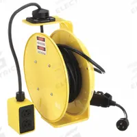 KH INDUSTRIES Extension Cord Reel: Constant Tension or Ratchet Lock, 50 ft Cord Lg, 12 AWG, SJOW (MPN RTBB3L-WGB520-J12K). Key specifications — Retractable Cord Ending NEMA Configuration: 5-20R; Feeder Cord Ending NEMA Configuration: 5-20P; Brand: KH INDUSTRIES.