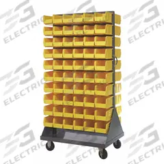 QUANTUM STORAGE SYSTEMS Mobile Louvered Floor Rack: 36 in x 24 in x 72 in, 120 Bins Included, Yellow (MPN QMD-36H-230YL). Key specifications — Bin Width: 5-1/2 in; Color: Gray; Caster Wheel/Configuration: (2) Swivel; Caster Wheel/Tread Material: Hard Rubber; Bin Color: Yellow; Bin Depth: 10-7/8 in; Bin Height: 5 in; Brand: QUANTUM STORAGE SYSTEMS.
