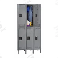 TENNSCO Wardrobe Locker: 36 in x 12 in x 78 in, Louvered, 2 Tiers, 3 Units Wide, Padlock Hasp, Gray (MPN DTK-121236-3 MED GR). Key specifications — Brand: TENNSCO; Locker Color: Gray; Door Type: Louvered; Locker Material: Steel; Assembled: Unassembled; Number Plate Included: Yes.