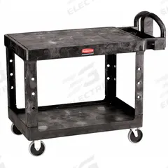 RUBBERMAID COMMERCIAL PRODUCTS Utility Cart: 500 lb, 2 Shelves, 37 in L x 25 in W Self, Black (MPN FG452500BLA). Key specifications — Shelf Color: Black; Brand: RUBBERMAID COMMERCIAL PRODUCTS; Caster/Wheel Configuration: (2) Rigid.