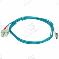 MONOPRICE Fiber Optic Patch Cord: Multi-Mode, 2 m Lg, LC End 1, SC End 2, Aqua, PVC, 2 Fiber Count (MPN 6391). Key specifications — Fire Rating: Riser; Jacket Material: PVC; Number of Fibers: Duplex; Brand: MONOPRICE; _Fiber Optic Cable Style: 50/125µ OM4.