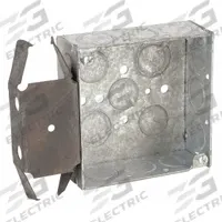 RACO Electrical Box: Steel, Steel - 4" x 4" Square Box Material & Nominal Size, Square, 2 Gangs, MS (MPN 227). Key specifications — Brand: RACO; Bracket Style: Stud Clamp; Clamp Style: Without Clamps.