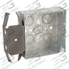 RACO Electrical Box: Steel, Steel - 4" x 4" Square Box Material & Nominal Size, Square, 2 Gangs, MS (MPN 227). Key specifications — Brand: RACO; Bracket Style: Stud Clamp; Clamp Style: Without Clamps.
