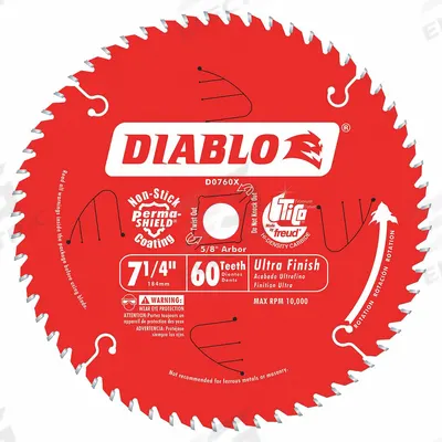 DIABLO Circular Saw Blade: 7 1/4 in Blade Dia., 60 Teeth, 0.06 in Cut Wd, 5/8 in Arbor Size - Wood-Cutting Blades