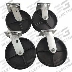 APPROVED VENDOR Plate Casters: Rigid/Swivel, No Brake, Iron, 8 in Wheel Dia, 2 in Wheel Wd, 4 PK (MPN 55JK16). Key specifications — Wheel Bearing Type: Roller; Wheel/Tread Color: Black; Brand: APPROVED VENDOR; Caster Type: Swivel.