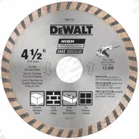DEWALT Diamond Saw Blade: Masonry, 4 1/2 in Blade Dia., 7/8 in Arbor Size, Wet/Dry, Best, Turbo (MPN DW4725). Key specifications — attr1097734: Wet/Dry; attr1097738: Angle Grinder; attr1097751: DEWALT.