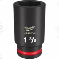 MILWAUKEE Deep Impact Socket: 3/4 in Drive Size, SAE, 1 3/8 in Socket Size, 6-Point, Deep, Friction (MPN 49-66-6345). Key specifications — attr1215501: MILWAUKEE; attr1215515: Black Phosphate; attr1215518: 1-3/8 in.