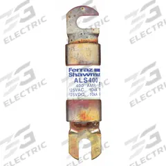 MERSEN Forklift Limiter Fuse: ALS Series, Bolt-On, Gen Purpose, 400 A, 125 V DC, Non-Indicating (MPN ALS400). Key specifications — Brand: MERSEN; Series: ALS.