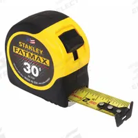 STANLEY Tape Measure: Nonmagnetic Single Hook Tip, 30 ft, Plastic with Rubberized Grip, Black/Yellow (MPN 33-730). Key specifications — attr935324: STANLEY; attr942259: Yellow; attr935326: Corrosion-Resistant; attr935328: 1/16 in; attr935329: Feet; attr935337: SAE; attr936607: Manual Lock; attr972446: Inch.