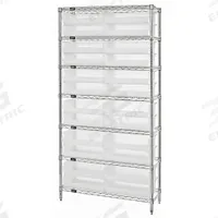 QUANTUM STORAGE SYSTEMS Shelving Unit: 36 in x 12 in x 74 in, 1 Sided, 24 Bins, Open, Hopper Bin (MPN WR7-245CL). Key specifications — Includes Bins: Yes; Frame Color: Chrome; Bin HxWxD: 5 x 16-1/2 x 10-7/8 in; Frame Material: Carbon Steel; Bin Color: Clear; Bin Style: Hopper; Brand: QUANTUM STORAGE SYSTEMS.
