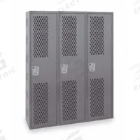 HALLOWELL Wardrobe Locker: 54 in x 18 in x 72 in, Ventilated, 1 Tiers, 3 Units Wide, Padlock Hasp (MPN HWBA882-111HG). Key specifications — Brand: HALLOWELL; Locker Color: Dark Gray; Door Type: Ventilated; Locker Material: Steel; Assembled: Assembled; Number Plate Included: Yes.