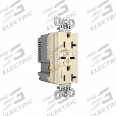 USB Receptacle: Duplex, 5-20R, 2 USB Ports, USB Type C, Light Almond, 125V AC, 20 A (MPN TR20USBPDLA). Key specifications — Brand: PASS & SEYMOUR.