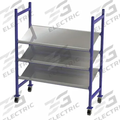 UNEX FLOW CELL Gravity Flow Rack: 60 in x 28 in x 72 in, Tilt, 3 Shelves - Tilted Solid-Deck Bolted Mobile Flow Racks