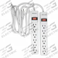 WOODS Surge Protector: 6 Outlets, 2 1/2 ft Cord Lg, 280 J Rated Energy, 15 A Current, White, 5-15P (MPN 41346). Key specifications — Brand: WOODS; Mounting Style: Non Mounting.