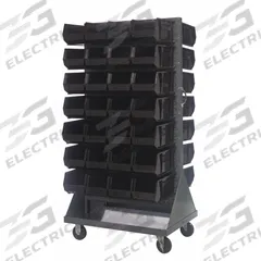 QUANTUM STORAGE SYSTEMS Mobile Louvered Floor Rack: 36 in x 24 in x 72 in, 56 Bins Included, Black (MPN QMD-36H-240BK). Key specifications — Bin Width: 8-1/4 in; Color: Gray; Caster Wheel/Configuration: (2) Swivel; Caster Wheel/Tread Material: Hard Rubber; Bin Color: Black; Bin Depth: 14-3/4 in; Bin Height: 7 in; Brand: QUANTUM STORAGE SYSTEMS.