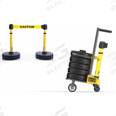 BANNER STAKES Belt Barrier System: 42 in Post Ht, 15 ft Belt Lg, Yellow, 5 No. of Posts - Mobile Retractable Belt Barrier Systems