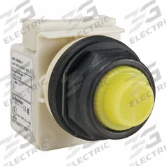SCHNEIDER ELECTRIC Pilot Light: 30 mm Panel Mounting Size, Yellow, LED, 9001SK Series (MPN 9001SKP38LYY31). Key specifications — Series: 9001SK; Brand: SCHNEIDER; Includes Push-To-Test: No Push-To-Test Included.
