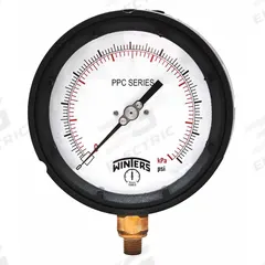 WINTERS Process Compound Gauge: 0 psi to 30 psi, Reflective Fluorescent Yellow-Green, 4 1/2 in Dial (MPN PPC5121WBYG). Key specifications — Brand: WINTERS; Pointer Color: Black; Accuracy: ±0.5%; Dial Color: Reflective Fluorescent Yellow-Green; Gauge Wetted Parts: Brass / Bronze; Case Material: Phenolic; Vibration Resistance Properties: Liquid-Filled; Pressure Range: 0 psi to 30 psi.