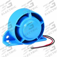 GROTE Vehicle Backup Alarm: Selectable, Dual-Tone, 97 dB Max Sound Level, 12-24V DC, 2 in Lg, Blue (MPN 73360). Key specifications — Alarm Tone Type: Dual-Tone; Mount Type: Grommet; Connector Type: Blunt Cut; Brand: GROTE; SAE Type Rating: Type C; Operating Voltage: 12-24V DC.
