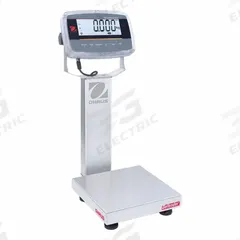 OHAUS Industrial Bench Scale: 10 in x 10 in, IP68/IP69K, Column-Mounted, 5 lb Wt Capacity - Imperial (MPN D61PW2WQS6). Key specifications — Connection Ports: Infrared Communication Kit; Readability: 0.0002 lb/0.1 g; Brand: OHAUS; Weighing Surface Material: Stainless Steel.