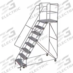 TRI-ARC Rolling Ladder: 6.7 ft Platform Ht, Assembled, Aluminum, Wt-Actuated, Serrated (MPN WLAR108245-D5). Key specifications — Includes Handrails: Handrails Included; Material: Aluminum; Brand: TRI-ARC; Color: Gray.