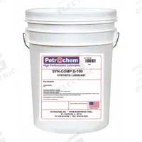 PETROCHEM Compressor Oil: 5 gal, Pail, 30 SAE Grade, 100 ISO Viscosity Grade, 94 Viscosity Index (MPN SYN-COMP D-100-005). Key specifications — attr59744: 94; attr59746: 100; attr59736: No; attr59735: Pail; attr59738: Syncomp D-100; attr59749: 30.