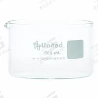 Crystallizing Dish: 110 mm Dia, 70 mm Overall Ht, No Surface Treatment, Spout, Borosilicate Glass (MPN UNCRDSH-WS-500). Key specifications — Includes: Spout; Material: Borosilicate Glass; Brand: UNITED SCIENTIFIC SUPPLIES INC; Surface Type: No Surface Treatment.
