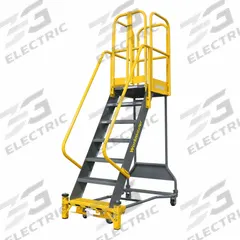 COTTERMAN Rolling Ladder: 7.5 ft Platform Ht, Partially Assembled, Foot-Activated Step Lock, Steel (MPN WMX09R37A3FGP3). Key specifications — Brand: COTTERMAN; Color: Yellow; Handrail Configuration: Double Handrails.