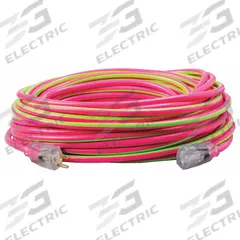 SOUTHWIRE Extension Cord: Outdoor Use, 100 ft Lg, Outlet, 5-15P, 12/3, SJTW, Lime Green/Pink (MPN 2549SW0077). Key specifications — Brand: SOUTHWIRE; Temperature Rating: -40° to 140°F; NEMA Plug Configuration: 5-15P.