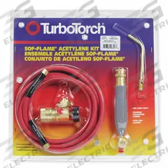 TURBOTORCH Air/Acetylene Kit: Soft Flame, CGA-520, External Lighter, Sof-Flame Series, Torch Kit (MPN 0386-0090). Key specifications — Kit Series: Sof-Flame; Flame Type: Soft; Compatible Fuel Cylinder Size: B; Included Acetylene Regulator CGA Number: CGA-520; Included Tip Manufacturer Part Number: S-4; Connection Type: Threaded; Manufacturer Part Number: 0386-0090; Brand: TURBOTORCH.