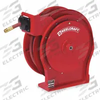 Spring Return Hose Reel: 50 ft (3/8 in I.D.), 3/8 in MNPT x 1/4 in MNPT, 300 psi Max Op Pressure (MPN 5650 OLP-SE). Key specifications — Reel Color: Red; Hose Capacity: 50 ft (3/8 in I.D.); Overall Dimensions: 16-3/4 in L x 5-7/8 in W x 17-5/8 in H; Swivel Material: Brass; Hose End Configuration: 3/8 in MNPT x 1/4 in MNPT; Brand: REELCRAFT.