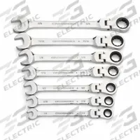 GEARWRENCH Combination Ratcheting Wrench Set: Alloy Steel, Full Polish Chrome, 7 Tools, Std, Rounded (MPN 9700). Key specifications — attr309581: Full Polish Chrome; attr309580: Alloy Steel; attr309571: No; attr309583: No; attr309587: Yes; attr324931: GEARWRENCH.