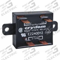 CRYDOM Solid State Relay: Surface Mounted, 18 A Max Output Current, SCR, AC Output (MPN EZE240D18). Key specifications — Brand: CRYDOM; Current Type: DC; Electrical Connection: Faston; Finger Safe: No; Input Current: 15 mA; Maximum Output Current without Heat Sink: 9 A; Mounting Style: Panel; Output Voltage: 24 to 280V AC.