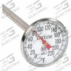 TAYLOR Dial Pocket Thermometer: 0°F to 220°F, +/- 2% Accuracy, 5 in Stem Lg, Fahrenheit (MPN 6092L). Key specifications — attr1280785: Fahrenheit; attr1275298: +/- 2%; attr1275296: TAYLOR.
