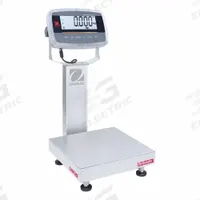 OHAUS Industrial Bench Scale: 12 in x 12 in, IP68/IP69K, Column-Mounted, Stainless Steel (MPN D61PW12WQR6). Key specifications — Connection Ports: Infrared Communication Kit; Readability: 0.001 lb/0.5 g; Brand: OHAUS; Weighing Surface Material: Stainless Steel.