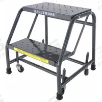 BALLYMORE Step Stool: 1.6 ft Overall Ht, 450 lb Load Cap, 2 Steps, Steel, 2.4 ft Standing Ht (MPN 218P). Key specifications — attr1051722: Rolling Step Stool; attr1051697: BALLYMORE; attr1051699: (4) Swivel; attr1051702: Gray; attr1051713: Handrails Not Included; attr1051726: Rectangle.
