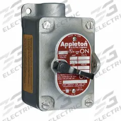 APPLETON ELECTRIC Tumbler Switch: 1 Gang, 1-Pole, 20 A, 277 V AC, Dead-End Hub, 3/4 in Hub Size (MPN EDS175-F1). Key specifications — Brand: APPLETON ELECTRIC.