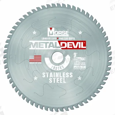 MORSE Circular Saw Blade: 9 in Blade Dia., 64 Teeth, 0.06 in Cut Wd, 1 in Arbor Size - Stainless Steel-Cutting Blades