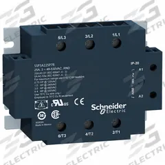 SCHNEIDER Solid State Relay: Surface Mounted, 25 A Max Output Current, SCR, AC Output (MPN SSP3A225BD). Key specifications — Brand: SCHNEIDER; Current Type: DC; Electrical Connection: Screw Clamp; Finger Safe: Yes; Input Current: 24 to 35 mA; Maximum Output Current without Heat Sink: Not Recommended; Mounting Style: Panel; Output Voltage: 48 to 530V AC.