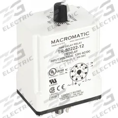 MACROMATIC Single Function Time Delay Relay: Socket Mounted, 120V AC/DC, 10 A, 8 Pins/Terminals (MPN TR-50222-12). Key specifications — Brand: MACROMATIC.
