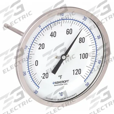 ASHCROFT Dial Thermometer: -20°F to 120°F /-30°C to 50°C, ±1% Accuracy, 9 in Stem Lg - Adjustable-Angle Thread-Mount Dial Thermometers